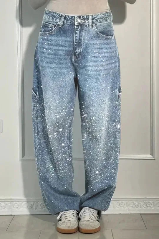 Rhinestone Wide Leg Street Lady Jeans