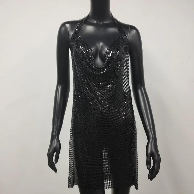 Glitter Sequin Halter Backless Party Dress