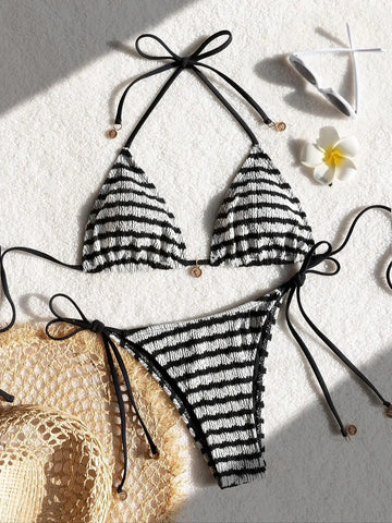Striped Water Ripple Split Sexy Bikini Women
