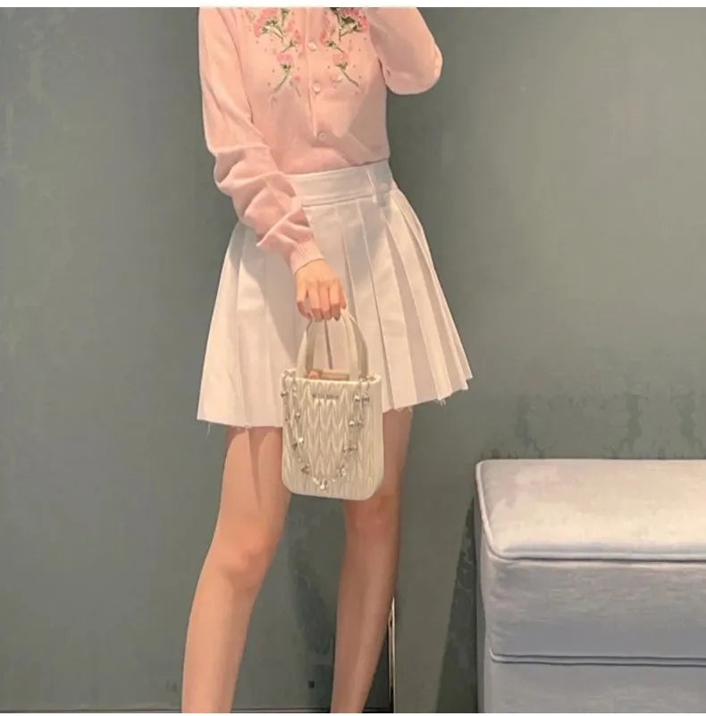 White High-Waist Pleated Mini Skirt