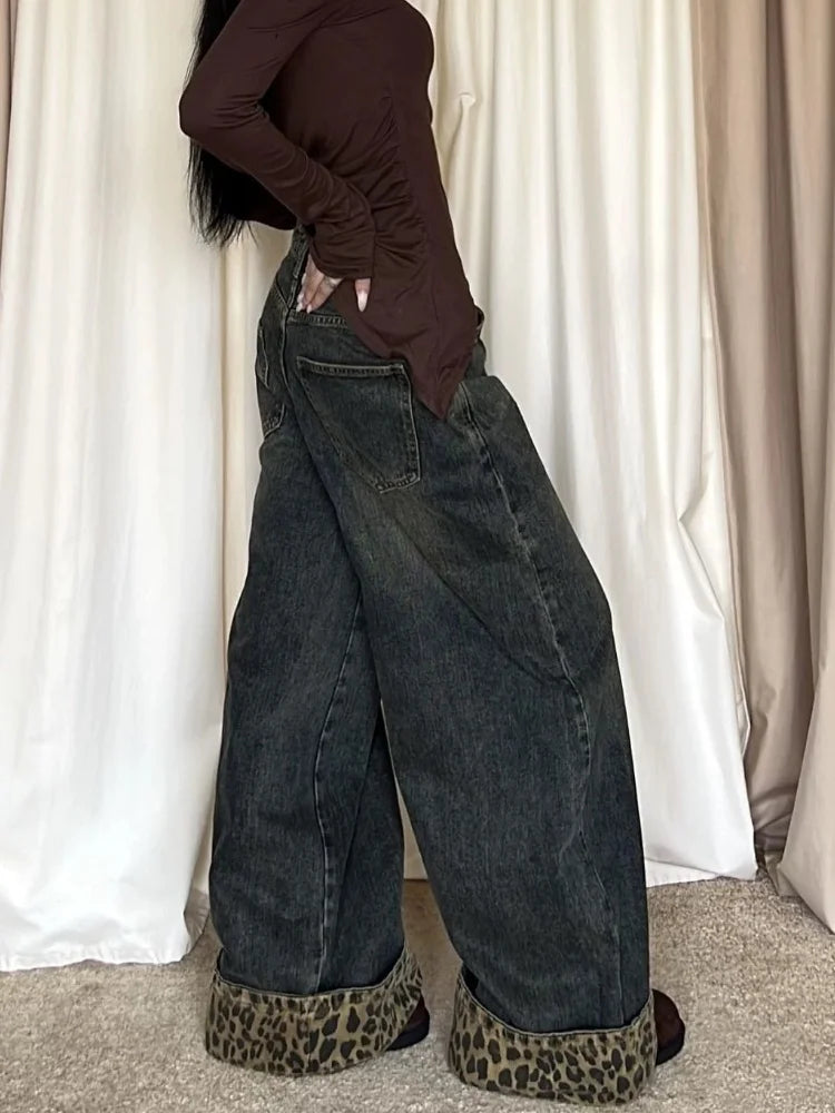 Y2K Leopard Patchwork Baggy Jeans Women