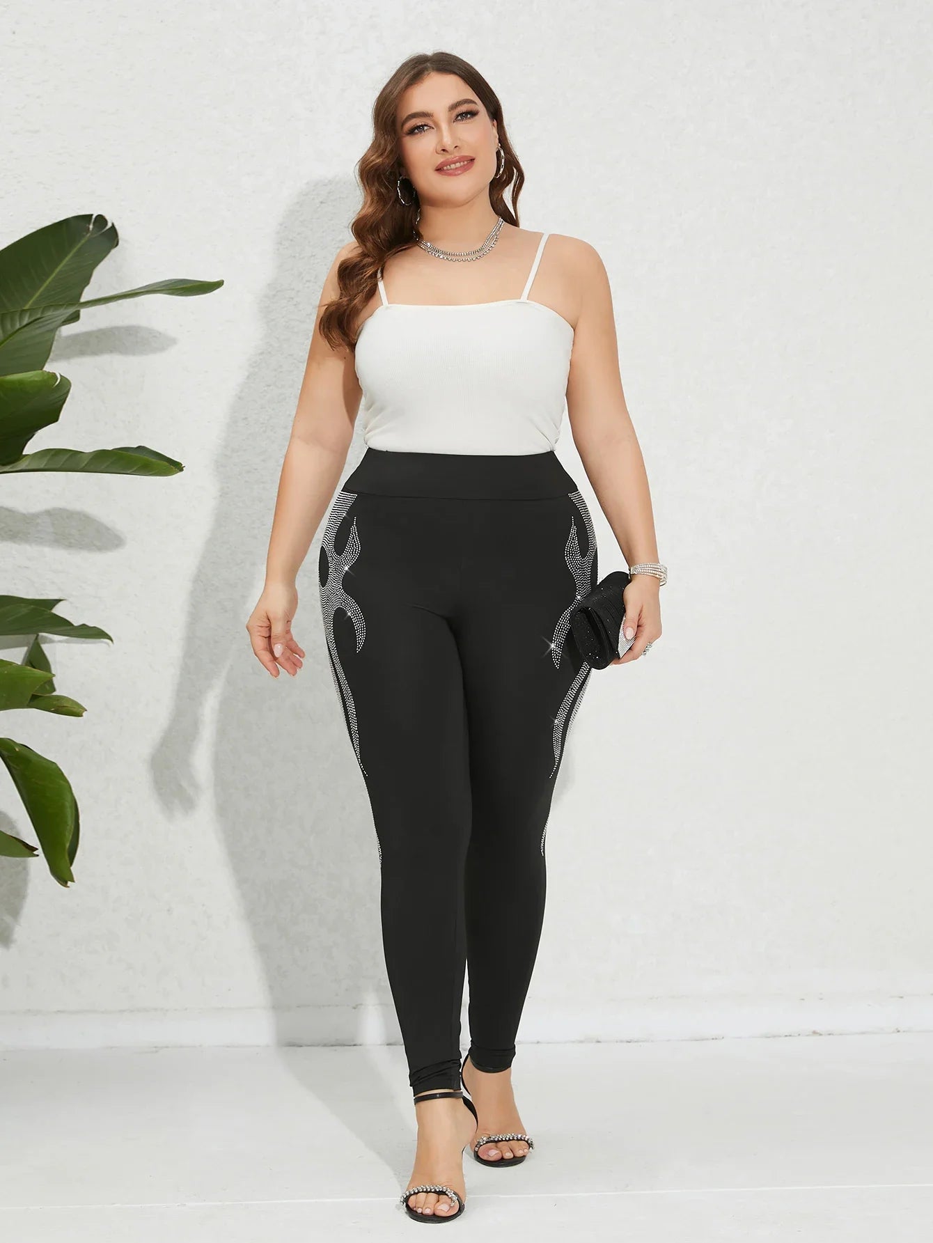 Plus Size Rhinestone Flame Leggings