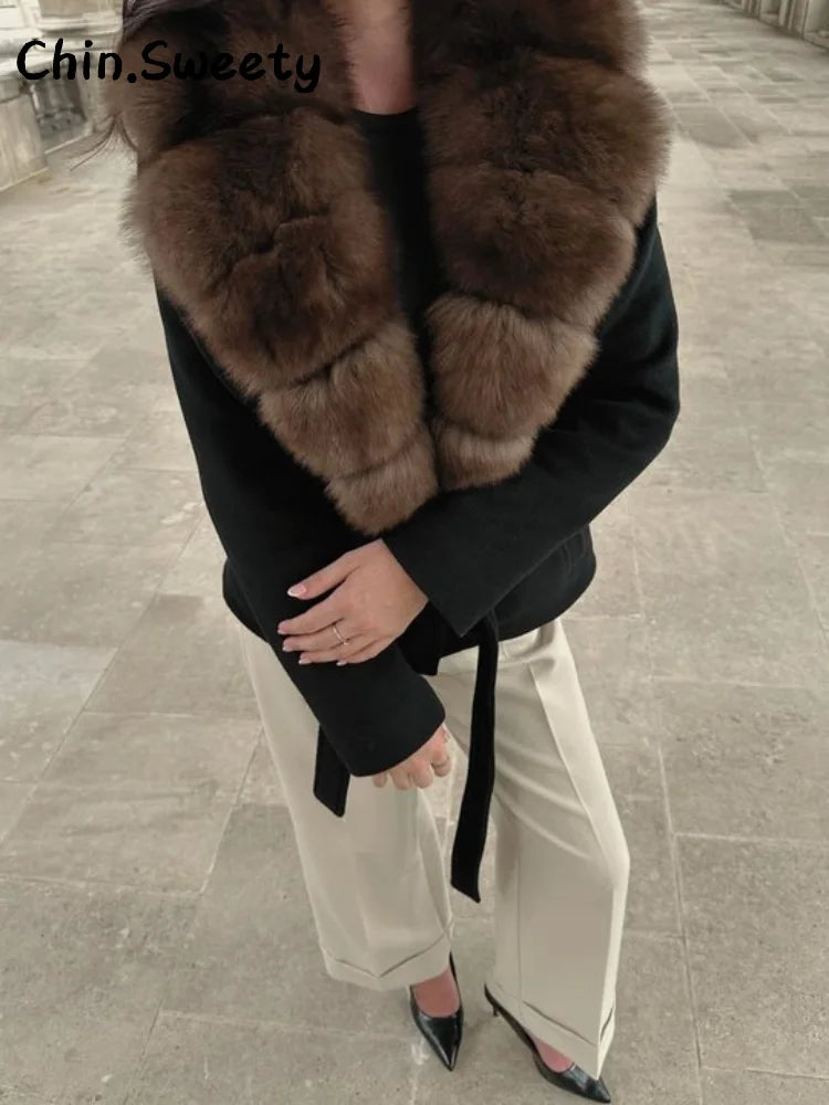 Double-Breasted Cropped Trench Coat Faux Fur