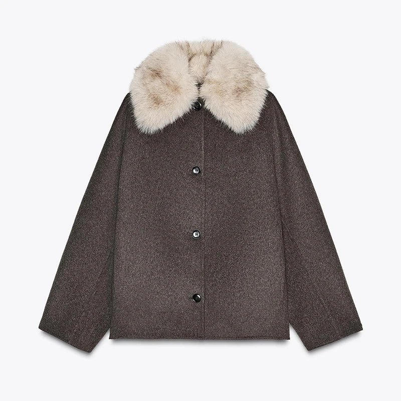 Double-Breasted Cropped Trench Coat Faux Fur