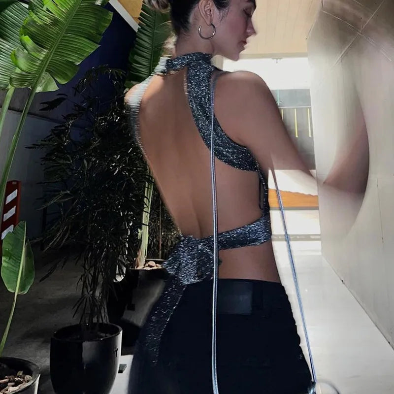 Bling Glitter Backless Y2K Crop Top Women