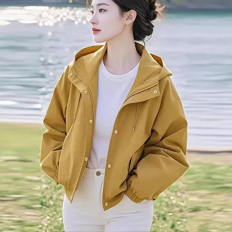 Khaki Casual Hooded Short Jacket Women