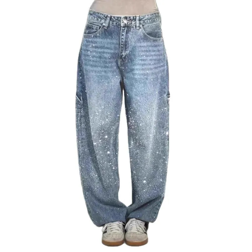 Rhinestone Wide Leg Street Lady Jeans