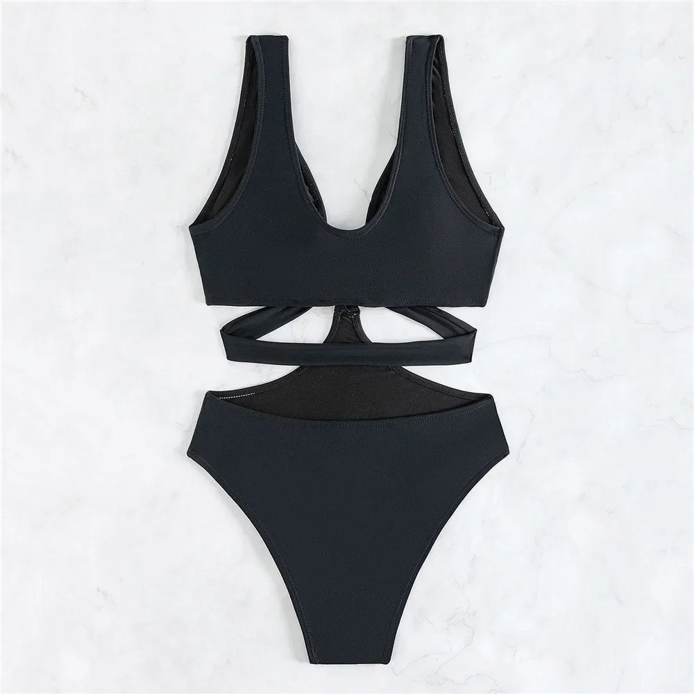 Black Bandage Hollow One Piece Swimsuit