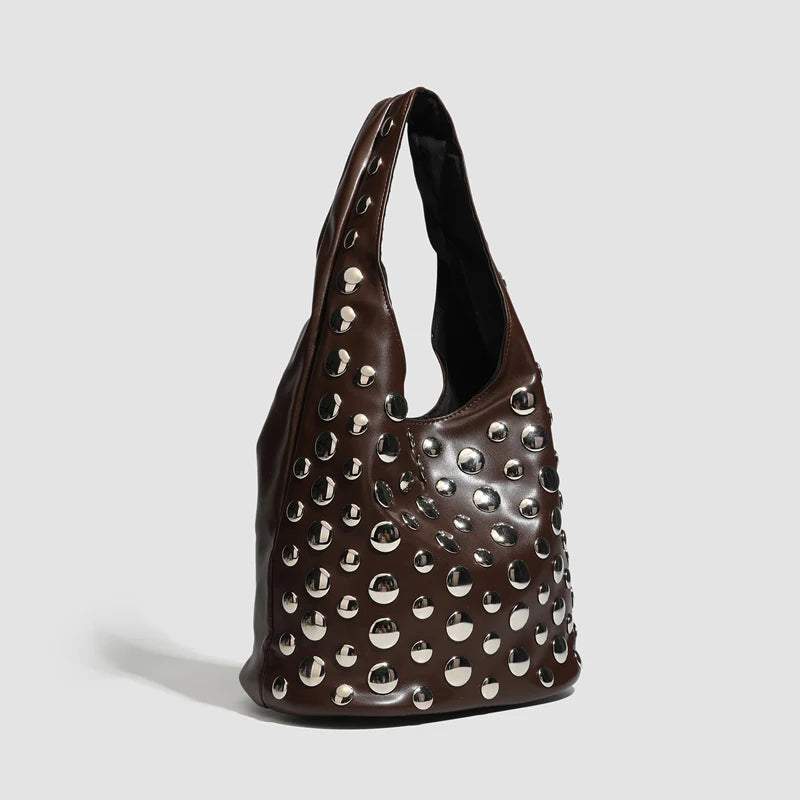 Rivet Detail Luxury Leather Bucket Bag