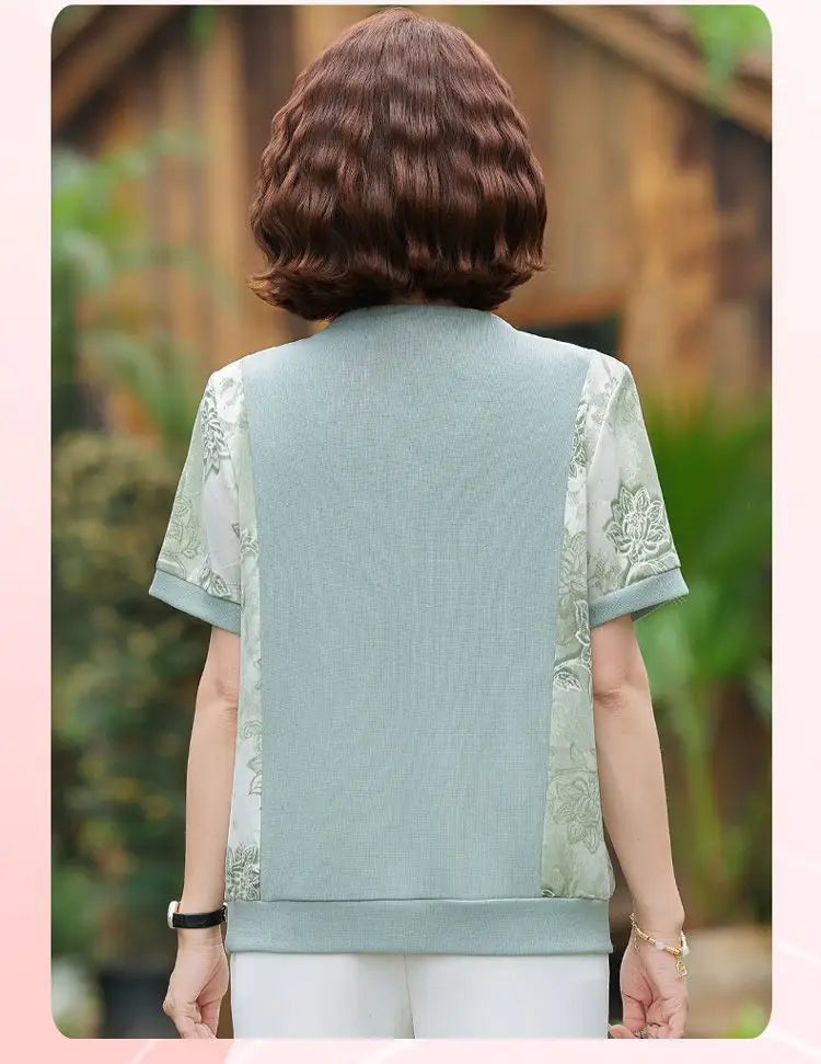 Round Neck Button Printed Casual T-Shirt Women