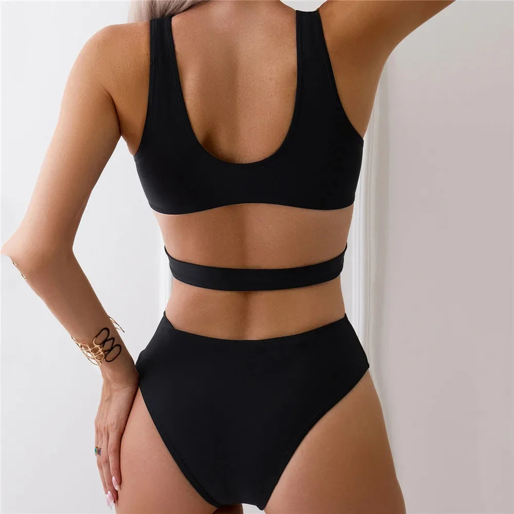 Black Bandage Hollow One Piece Swimsuit