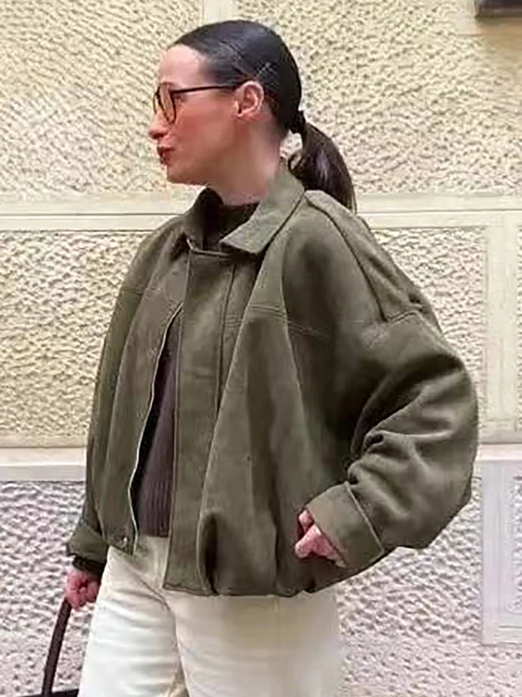 Vintage Green Oversize Bomber Jacket Women