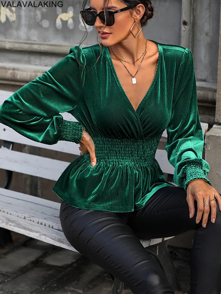 Ruffle V-Neck Velvet Long Sleeve Top Women