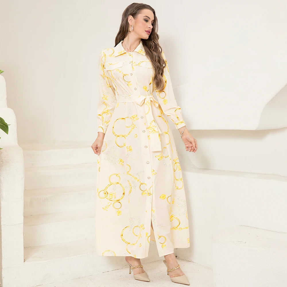 Long Sleeve Chain Print Belted Shirt Dress Women