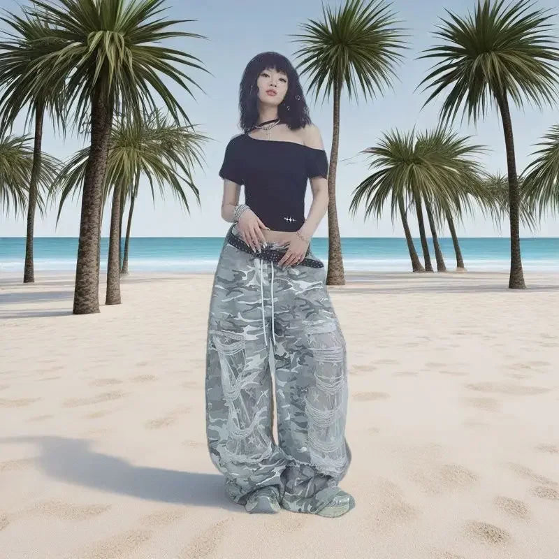 Colorful Lace Patchwork Ripped Wide Leg Jeans