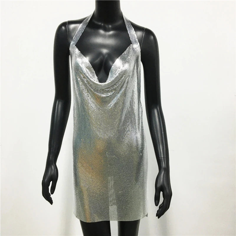 Glitter Sequin Halter Backless Party Dress