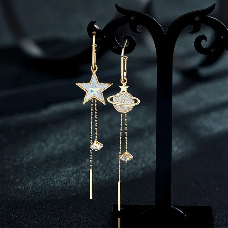 Star Earth Tassel Dangle Crystal Earrings