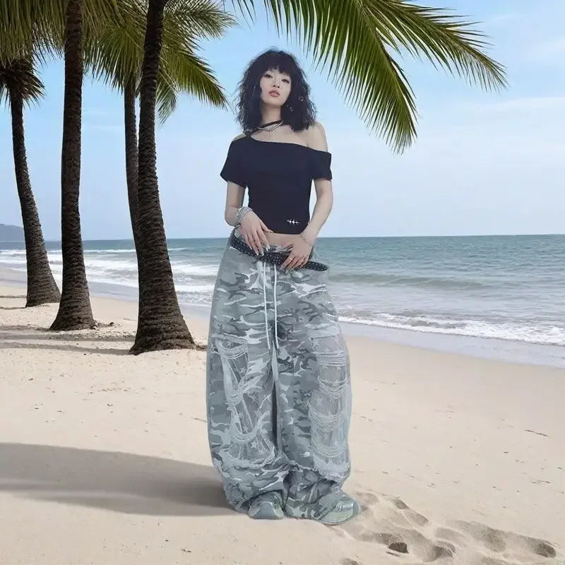 Colorful Lace Patchwork Ripped Wide Leg Jeans