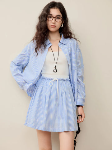 Blue Striped High-Waisted A-Line Skirt