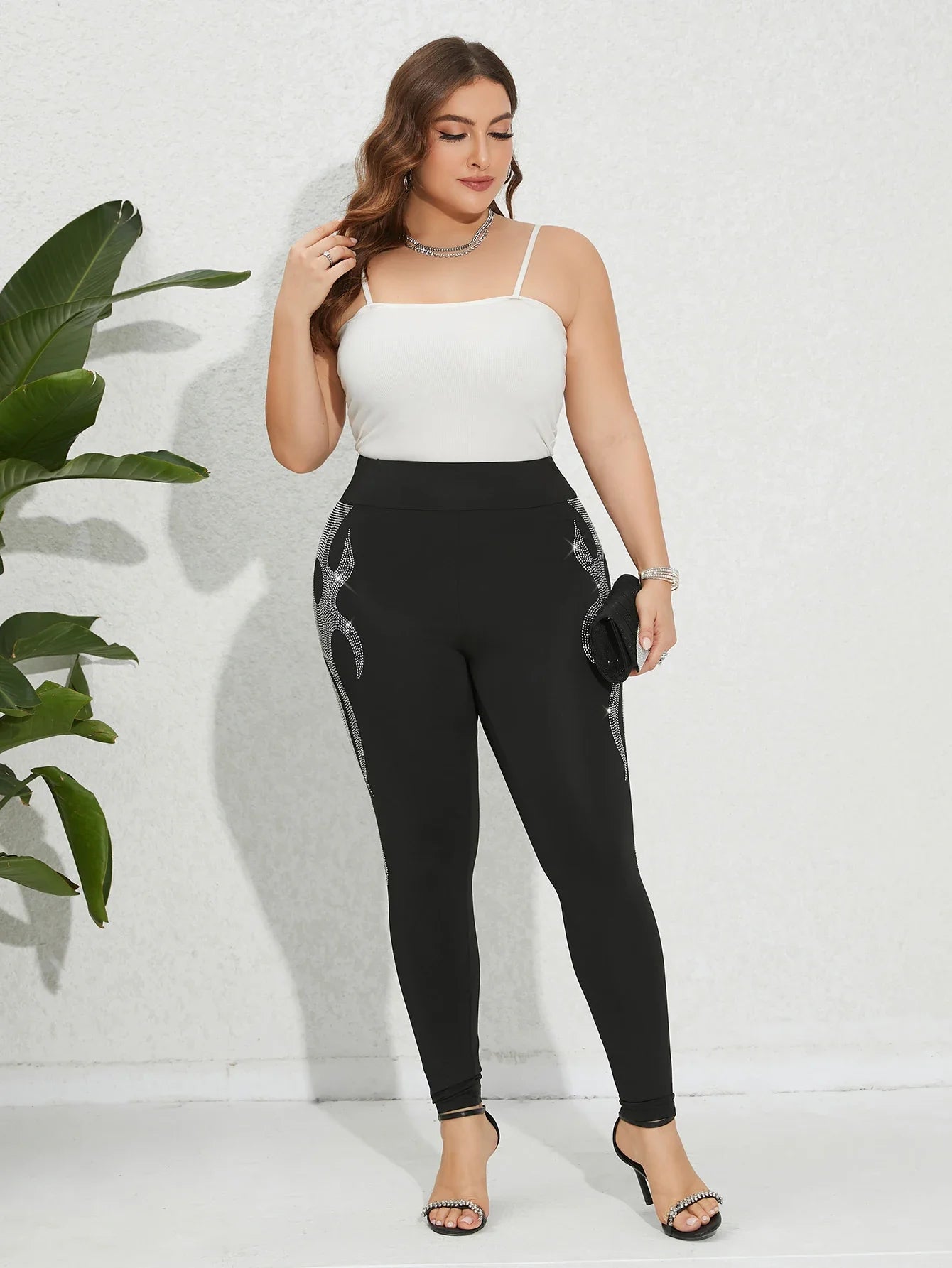 Plus Size Rhinestone Flame Leggings