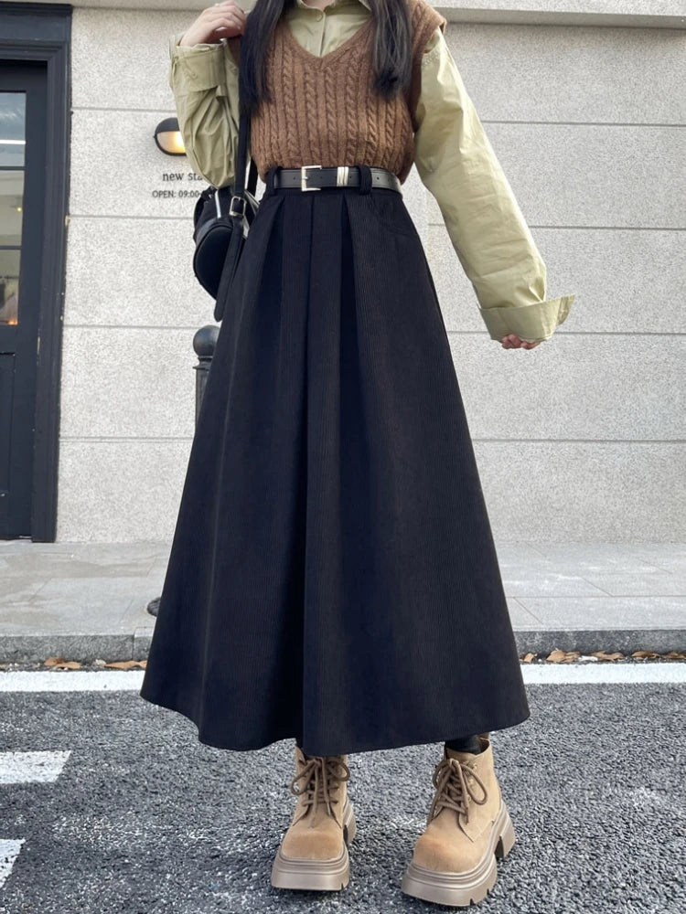 Mid-Length Corduroy Pleated Skirt