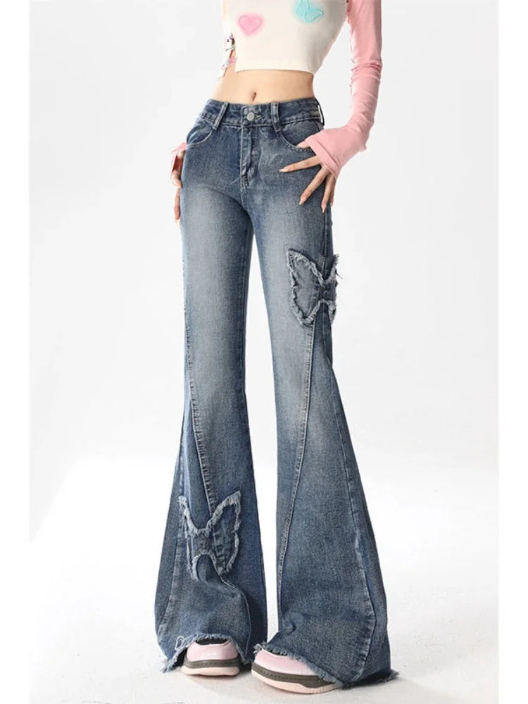 Butterfly Embroidery Blue Flare Jeans