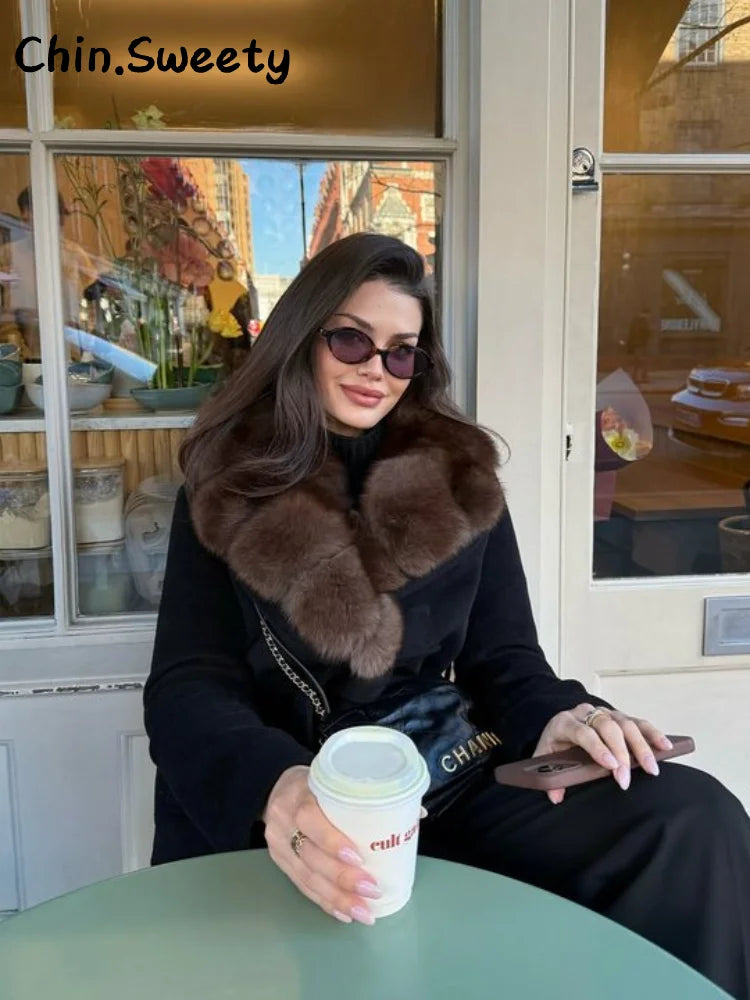 Double-Breasted Cropped Trench Coat Faux Fur