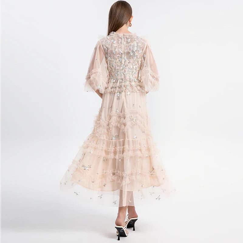 Summer Lace 3D Flower Embroidered Mesh Dress