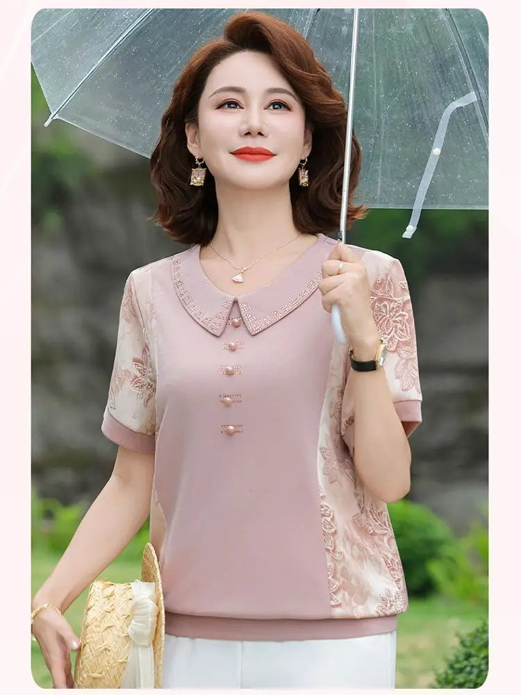 Round Neck Button Printed Casual T-Shirt Women