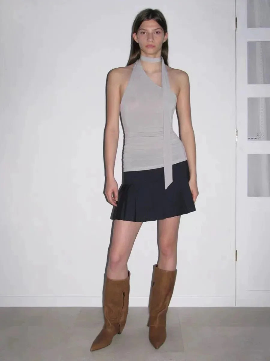 Navy Mini Low-Waist Pleated Skirt