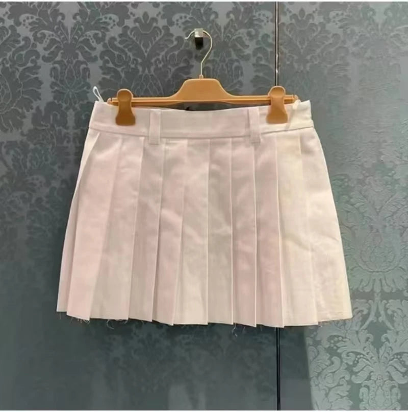 White High-Waist Pleated Mini Skirt