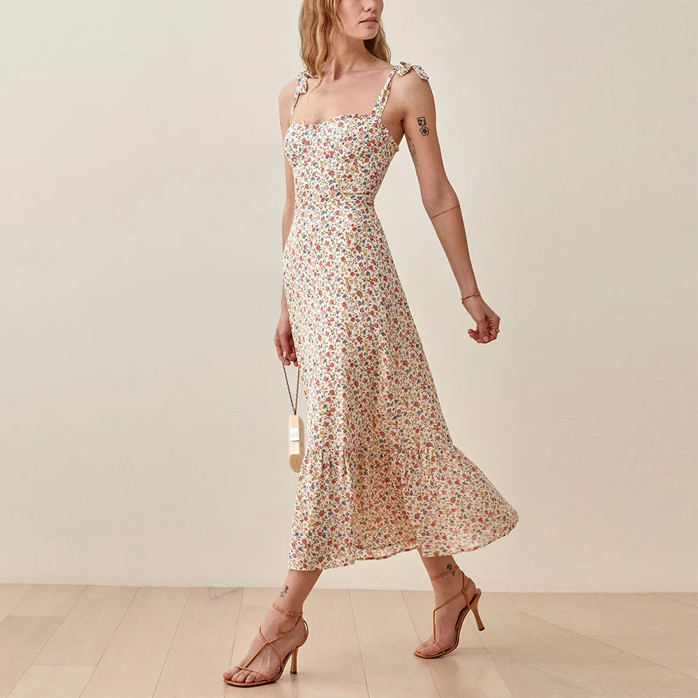 Elegant Vintage Floral Ruffle Hem Summer Dress