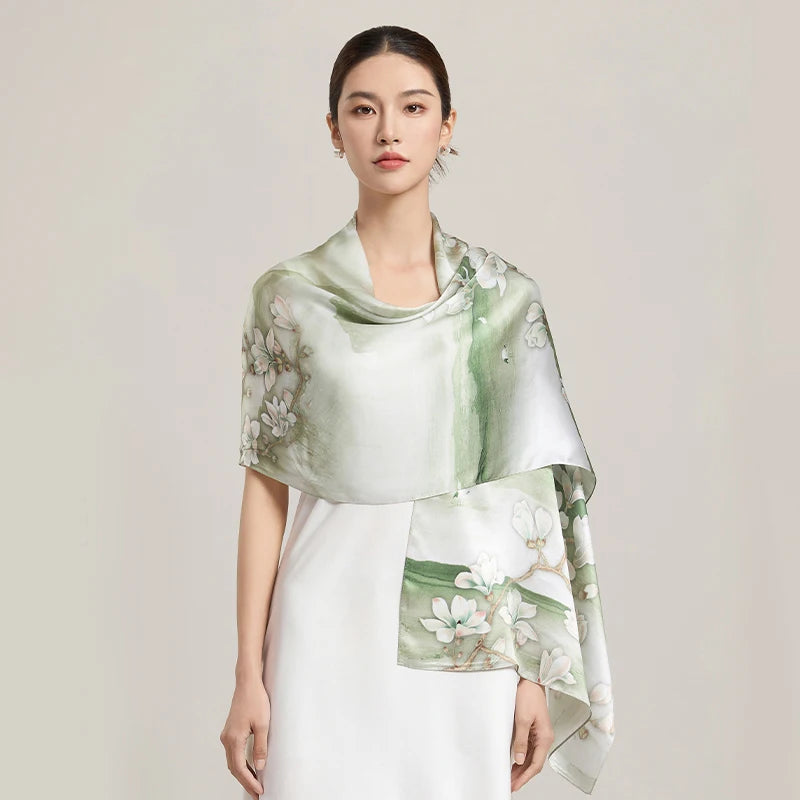 Women’s Long Floral 100% Silk Print Scarf