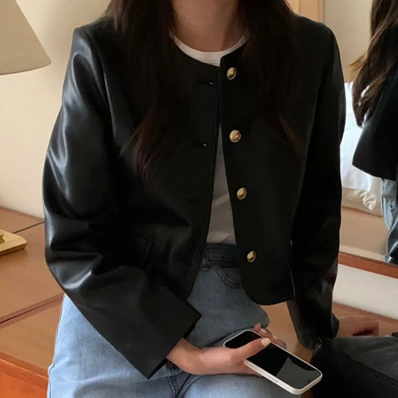 Autumn Vintage Round Neck Leather Jacket