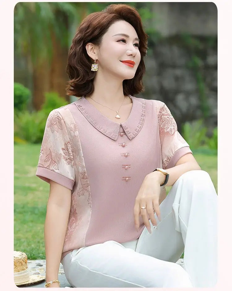 Round Neck Button Printed Casual T-Shirt Women