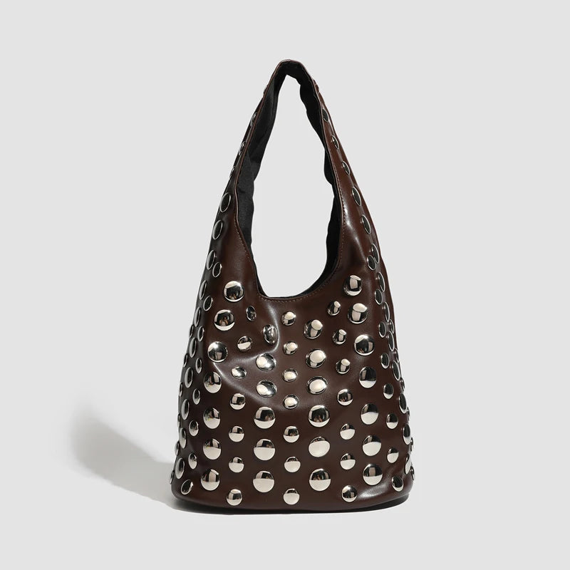 Rivet Detail Luxury Leather Bucket Bag