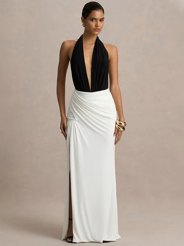 Halter Backless Ruched Maxi Dress Women