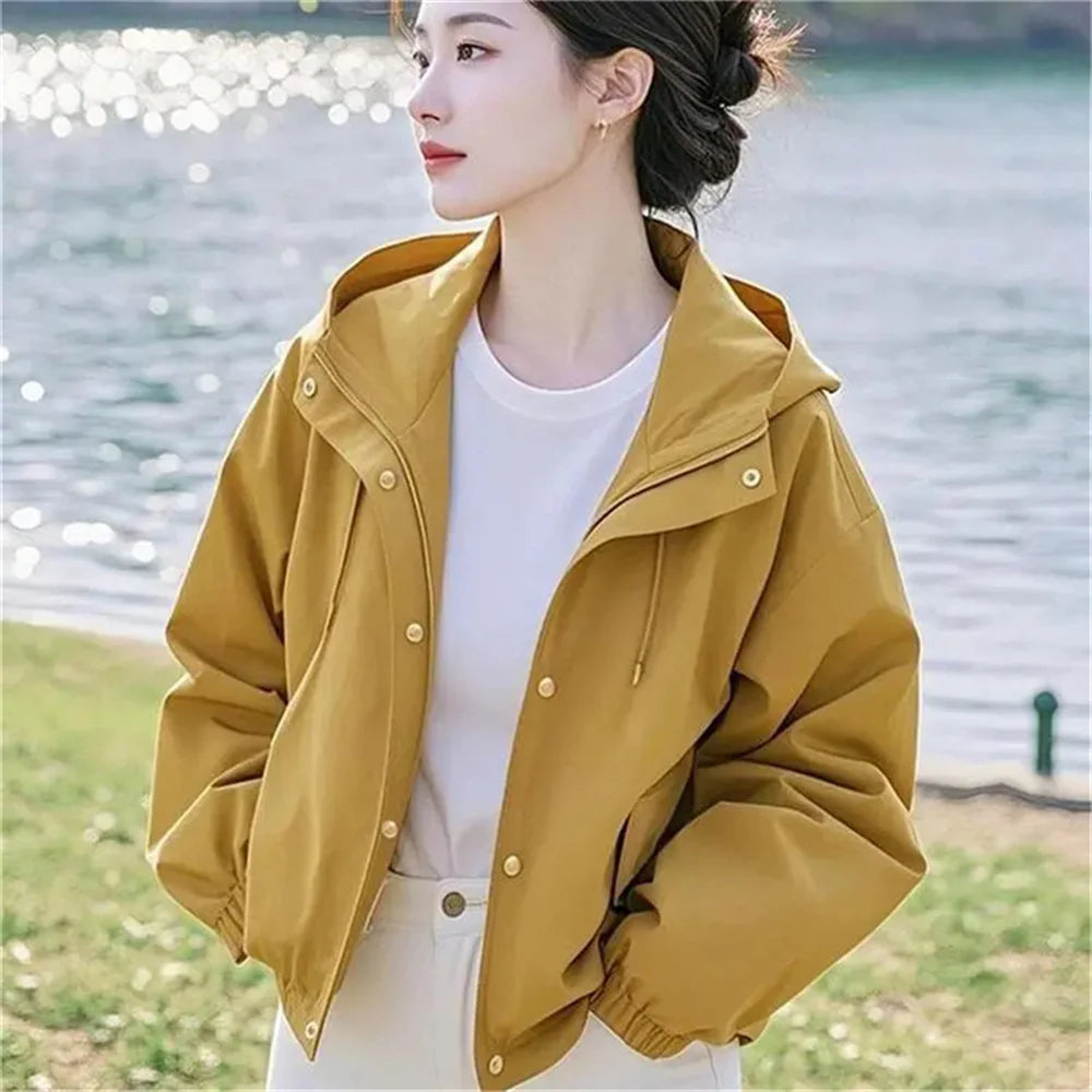 Khaki Casual Hooded Short Jacket Women