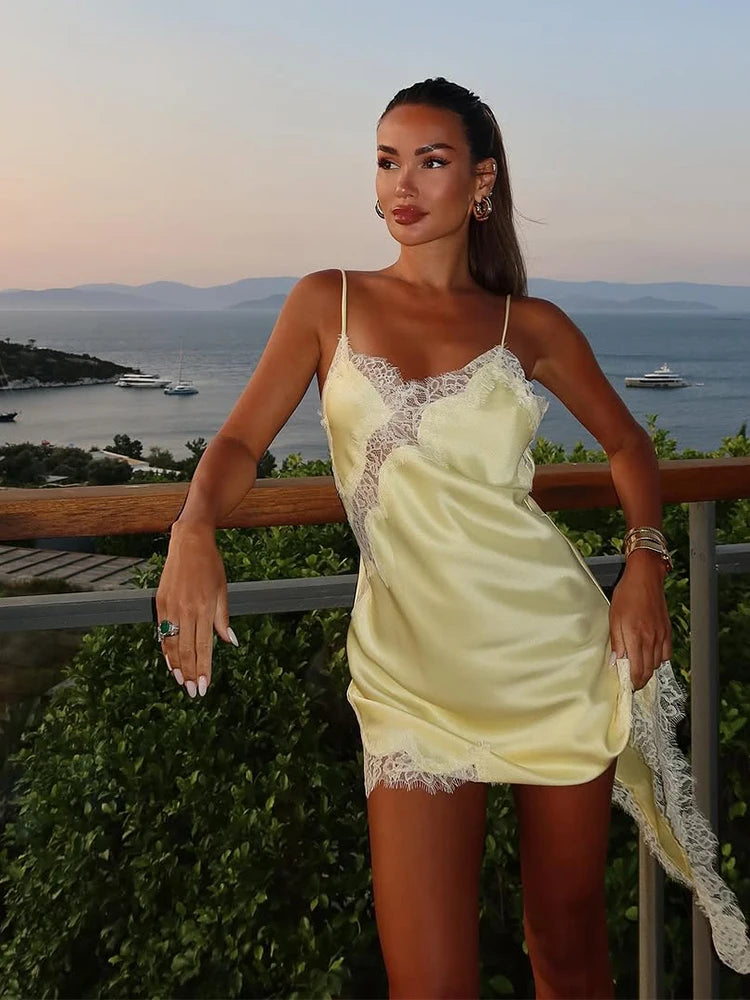 Lace Patchwork Off-Shoulder Sleeveless Party Dress Women