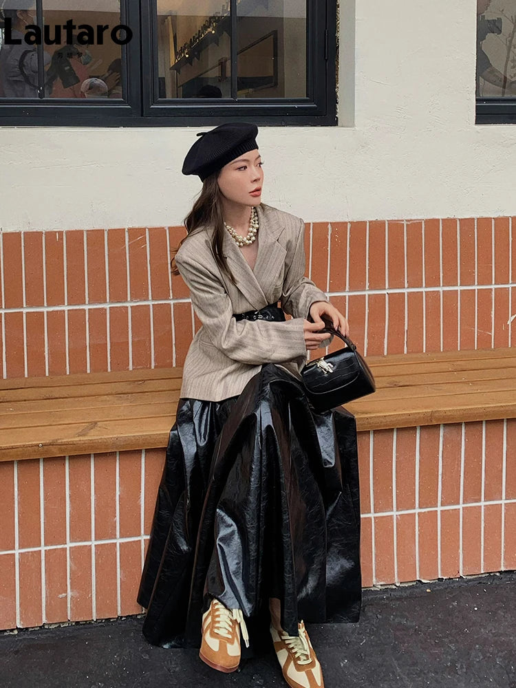 Black Patent PU Maxi Pleated Skirt