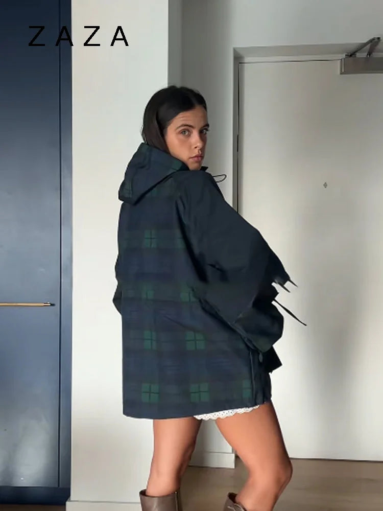 Vintage Grid Loose Stand Collar Jacket Women