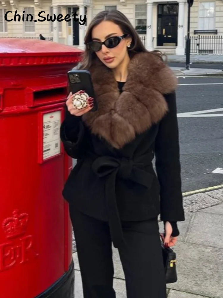 Double-Breasted Cropped Trench Coat Faux Fur