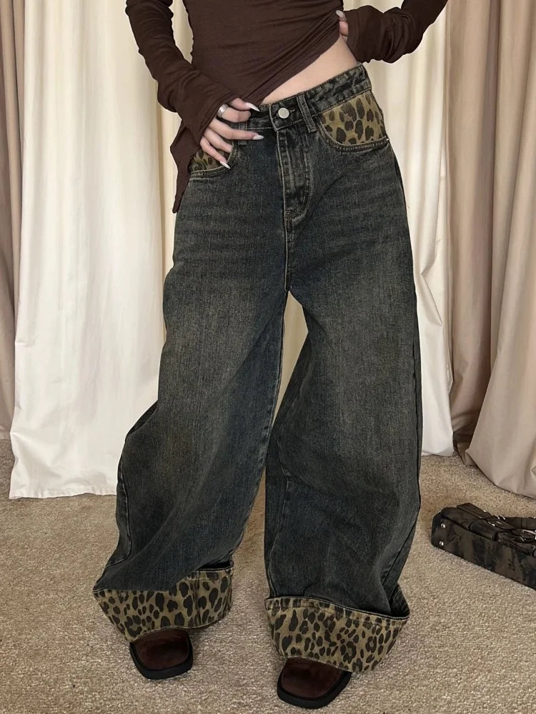 Y2K Leopard Patchwork Baggy Jeans Women