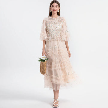 Summer Lace 3D Flower Embroidered Mesh Dress