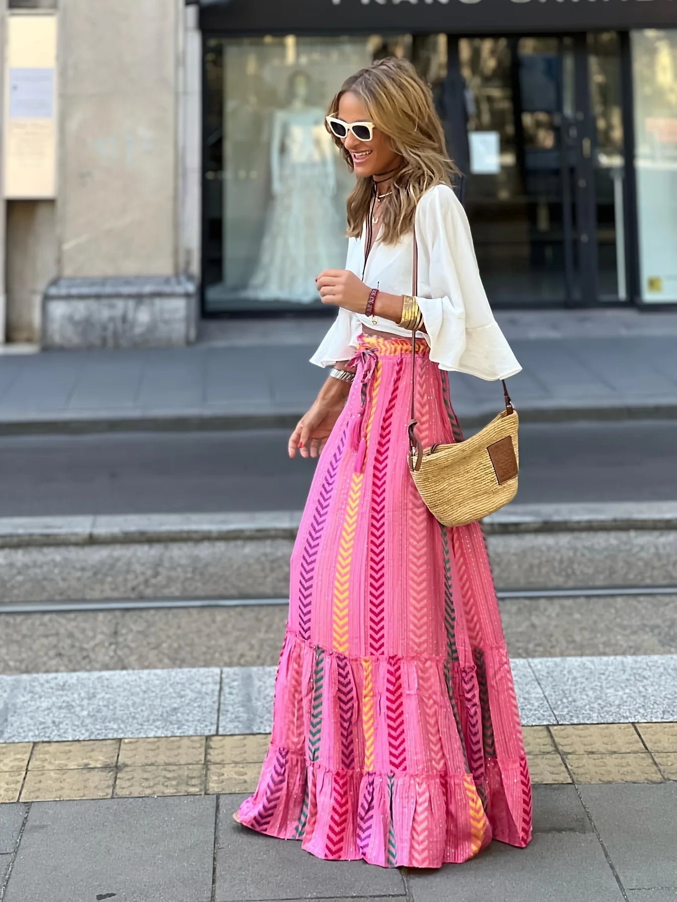 Green Print Elastic Waist Skirt