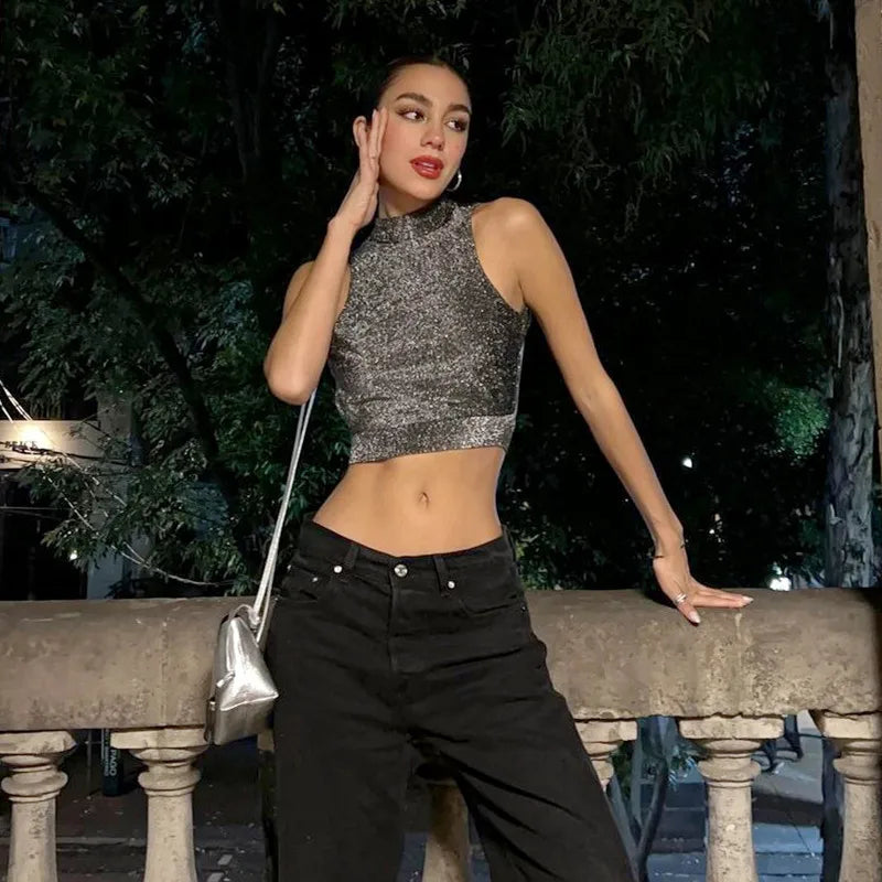 Bling Glitter Backless Y2K Crop Top Women