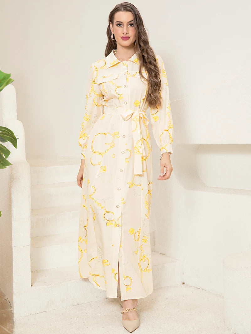 Long Sleeve Chain Print Belted Shirt Dress Women