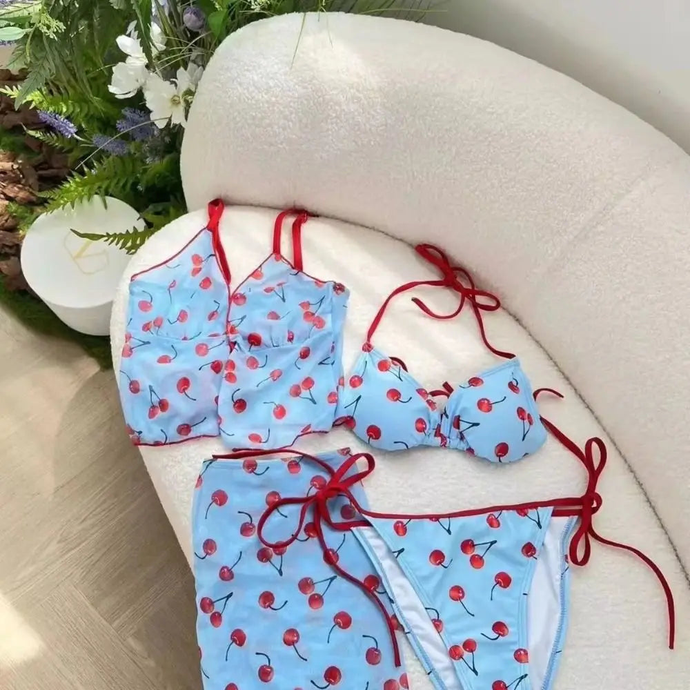 Cherry V-Neck Mesh Lace Bikini Set