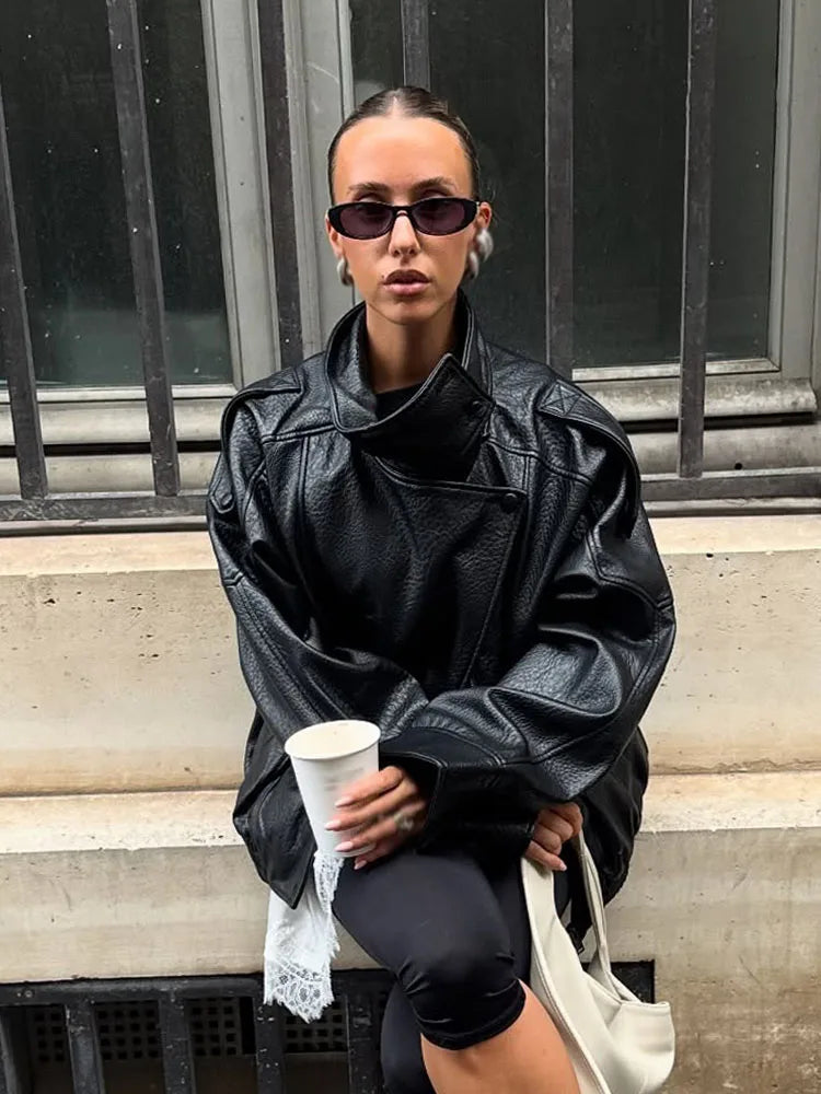 Elegant Street Style Asymmetric Black Coat Women