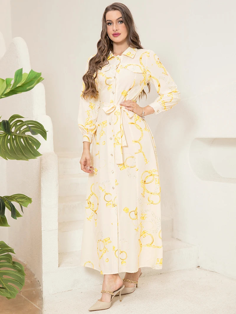 Long Sleeve Chain Print Belted Shirt Dress Women